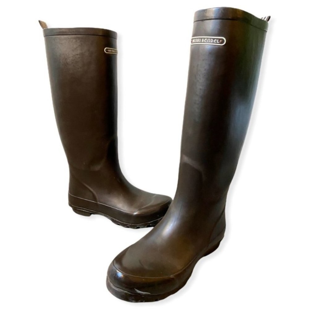 Henri Bendel Rain Boots Brown with Racing Stripe Size 9